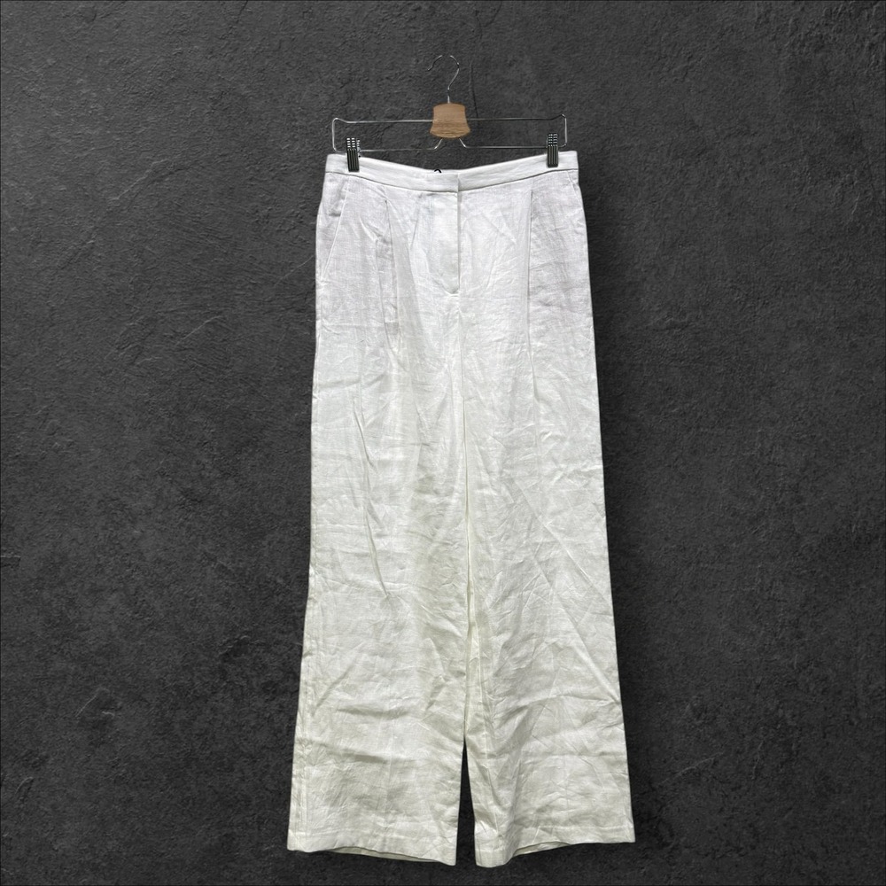 Mango MNG White 100% Linen Wide Leg Pleated Trousers High Rise Women Size 6